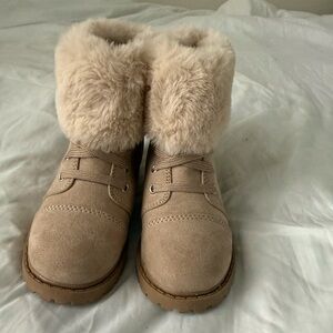 Tan Suede Ankle Boots with Fur Trim